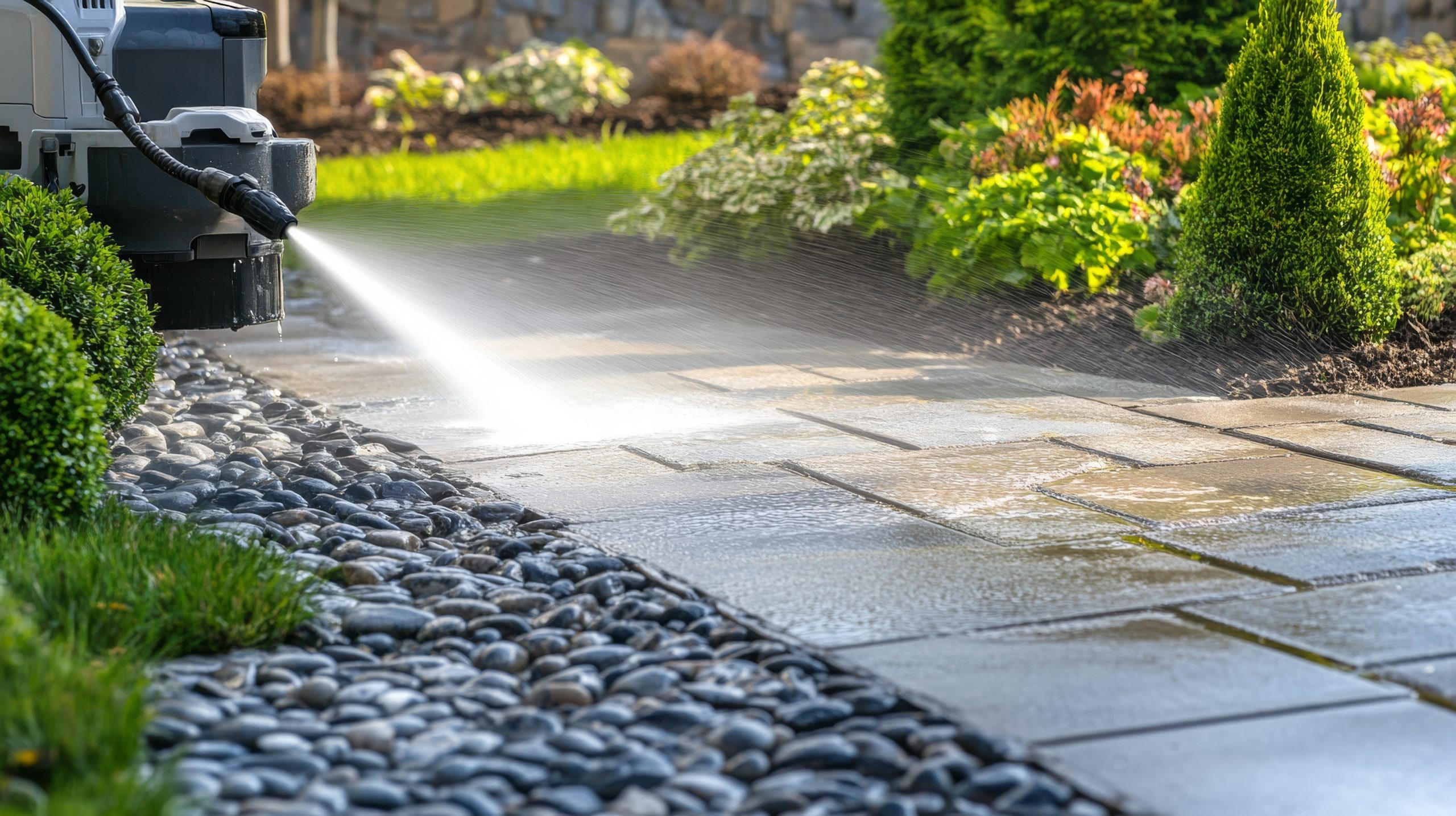 A power washer sprays water onto a stone pathway, bordered by smooth pebbles and lush green shrubs in a well-maintained garden. The background features vibrant foliage and a stone wall.