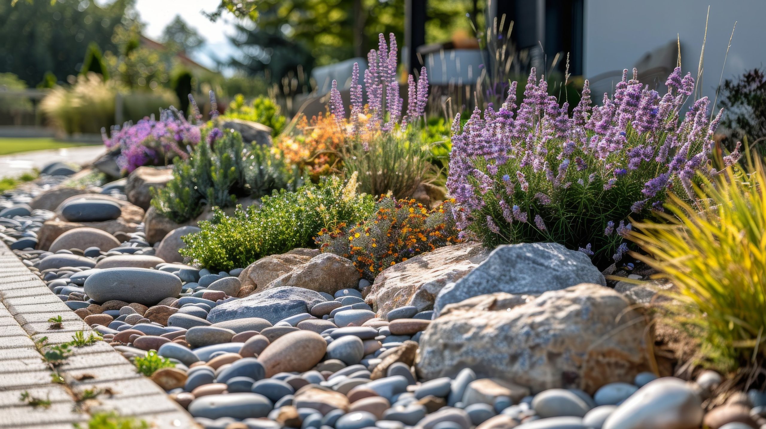 A landscaped garden with purple and orange flowers, various green plants, and decorative rocks. Smooth pebbles and large stones are arranged along a brick path under a clear blue sky.