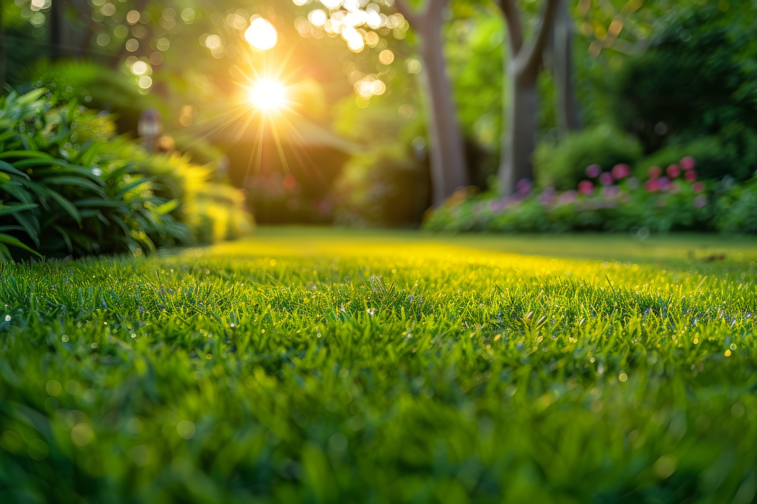 A sunlit garden with lush green grass, colorful flowers, and trees, illuminated by the soft glow of the setting or rising sun in the background.