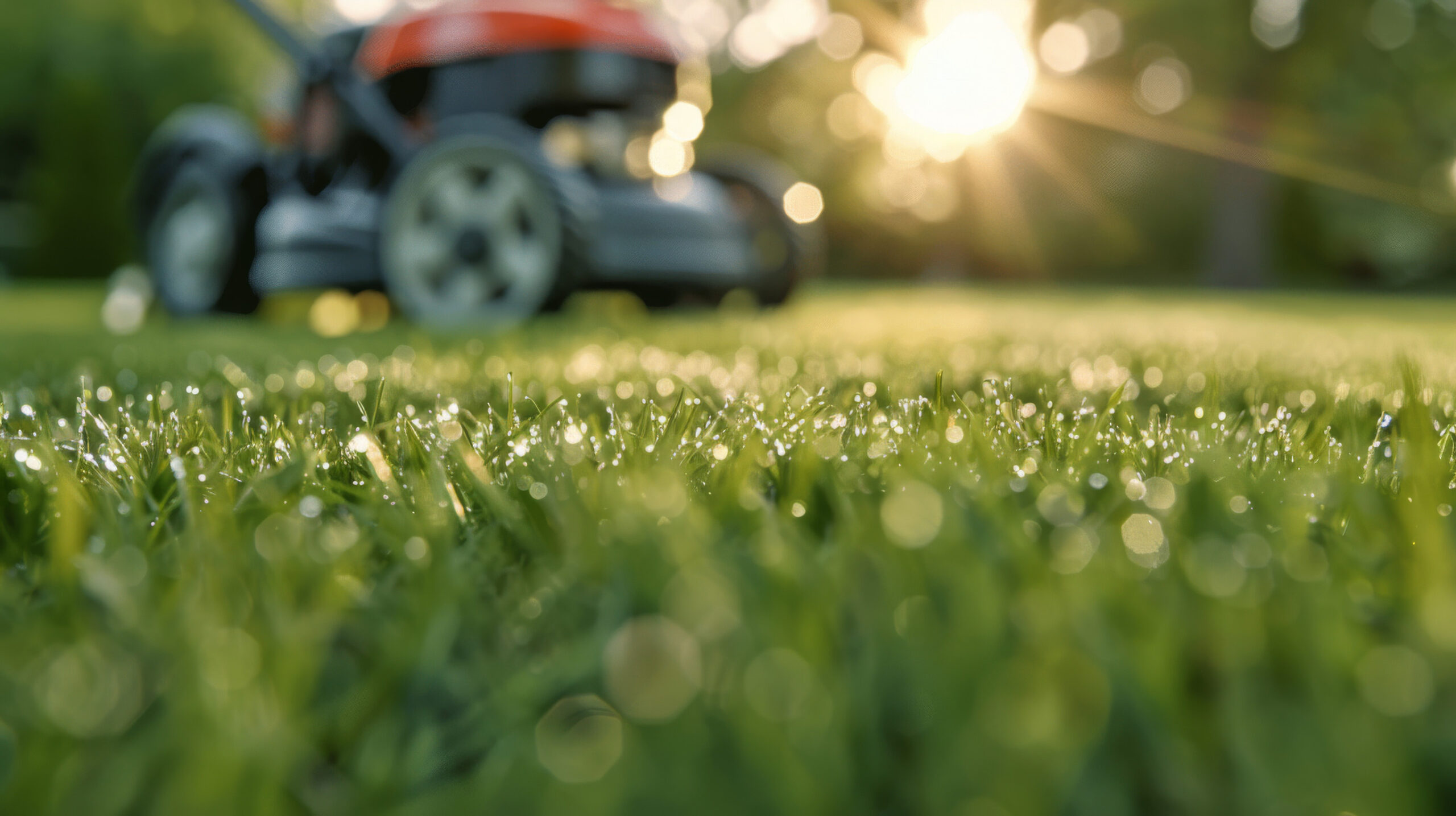 A close-up of dewy grass with a lawn mower in the blurry background, sunlight shining through trees, creating a warm and bright atmosphere.