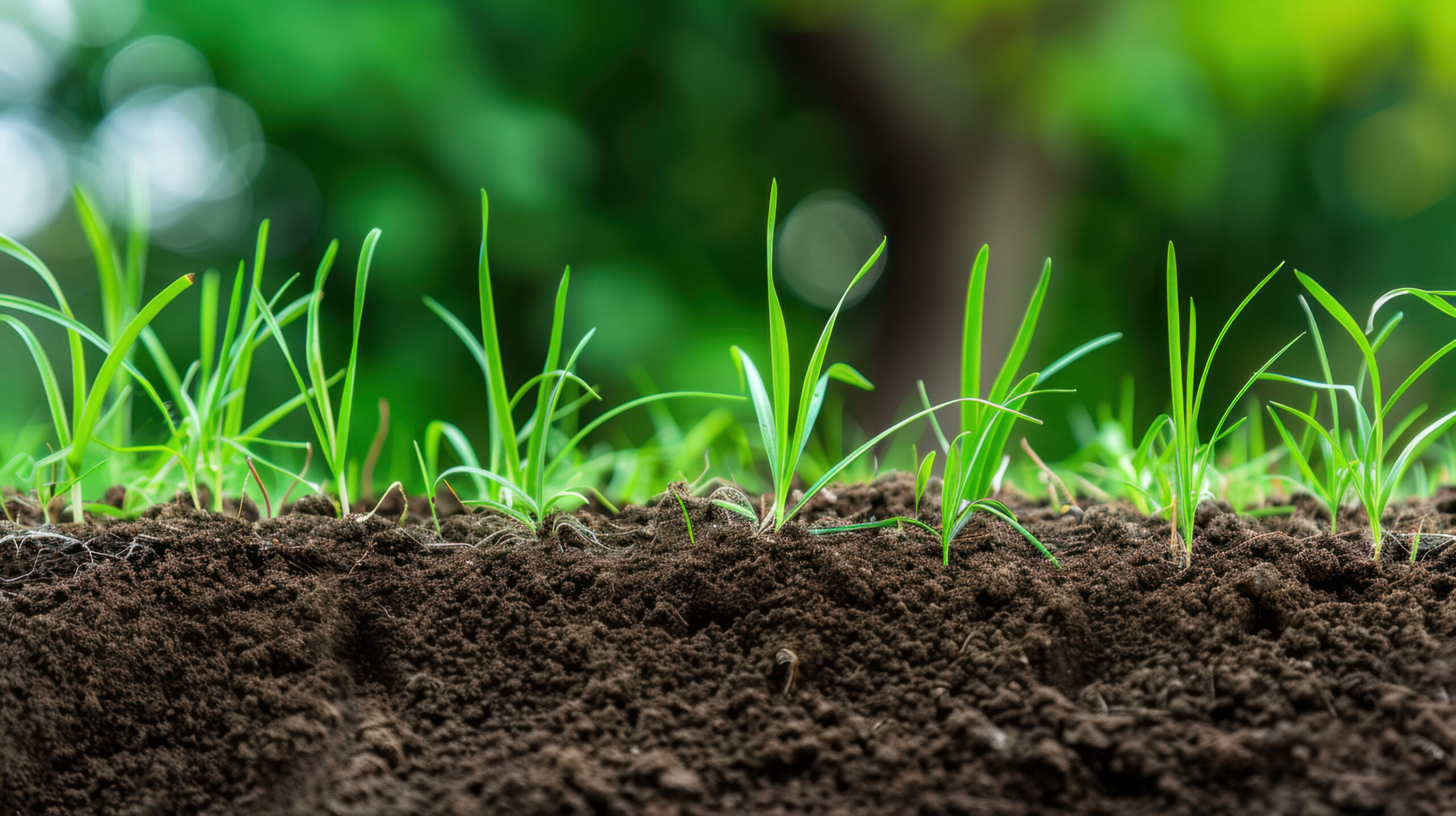 Close-up of green grass blades sprouting from rich, dark soil, with a blurred background of trees and greenery, suggesting a natural outdoor setting and healthy plant growth.