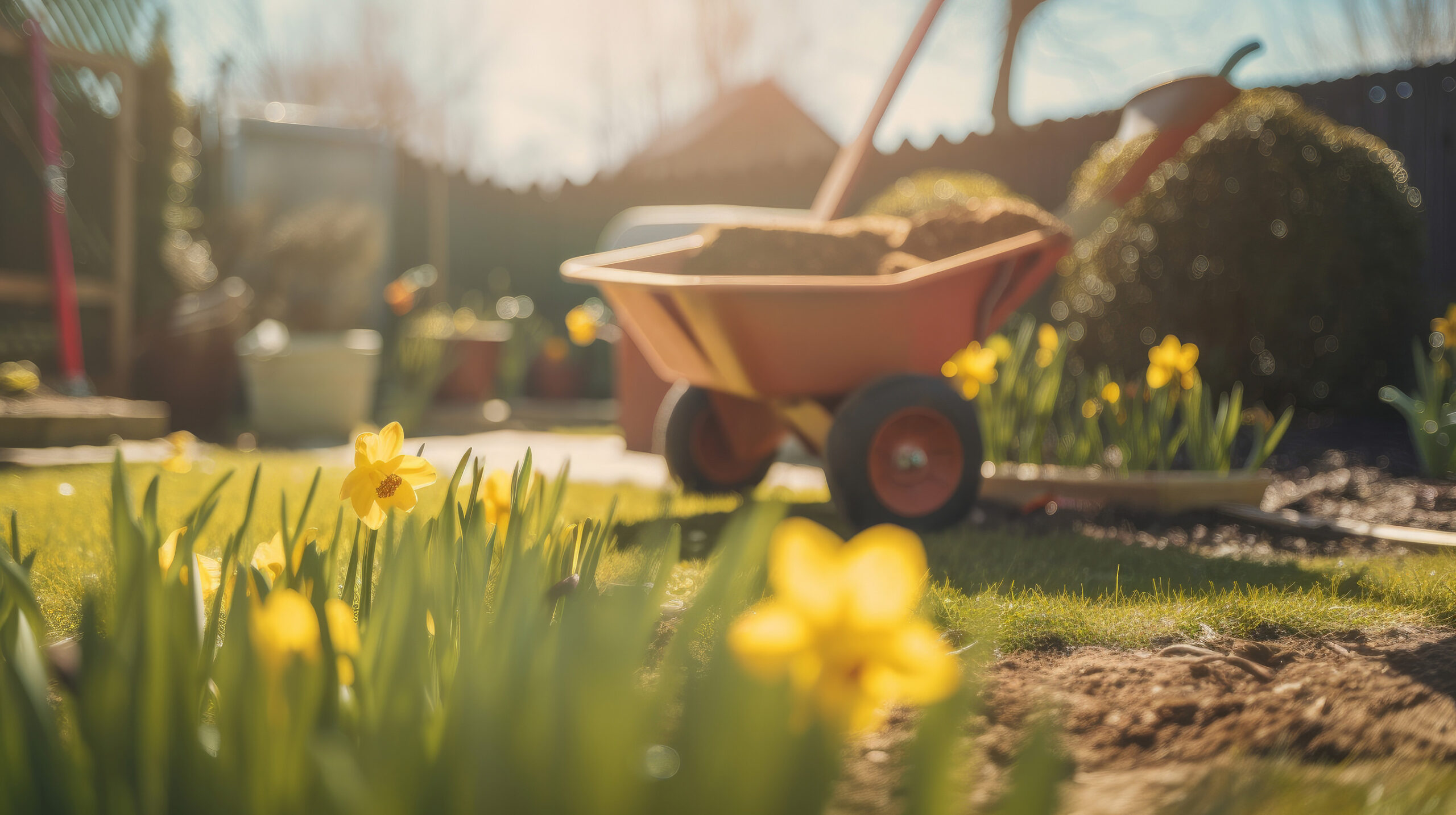 A red wheelbarrow filled with soil sits in a sunlit garden, surrounded by blooming yellow daffodils and green grass. The background shows garden tools, pots, and blurred trees on a bright, warm day.