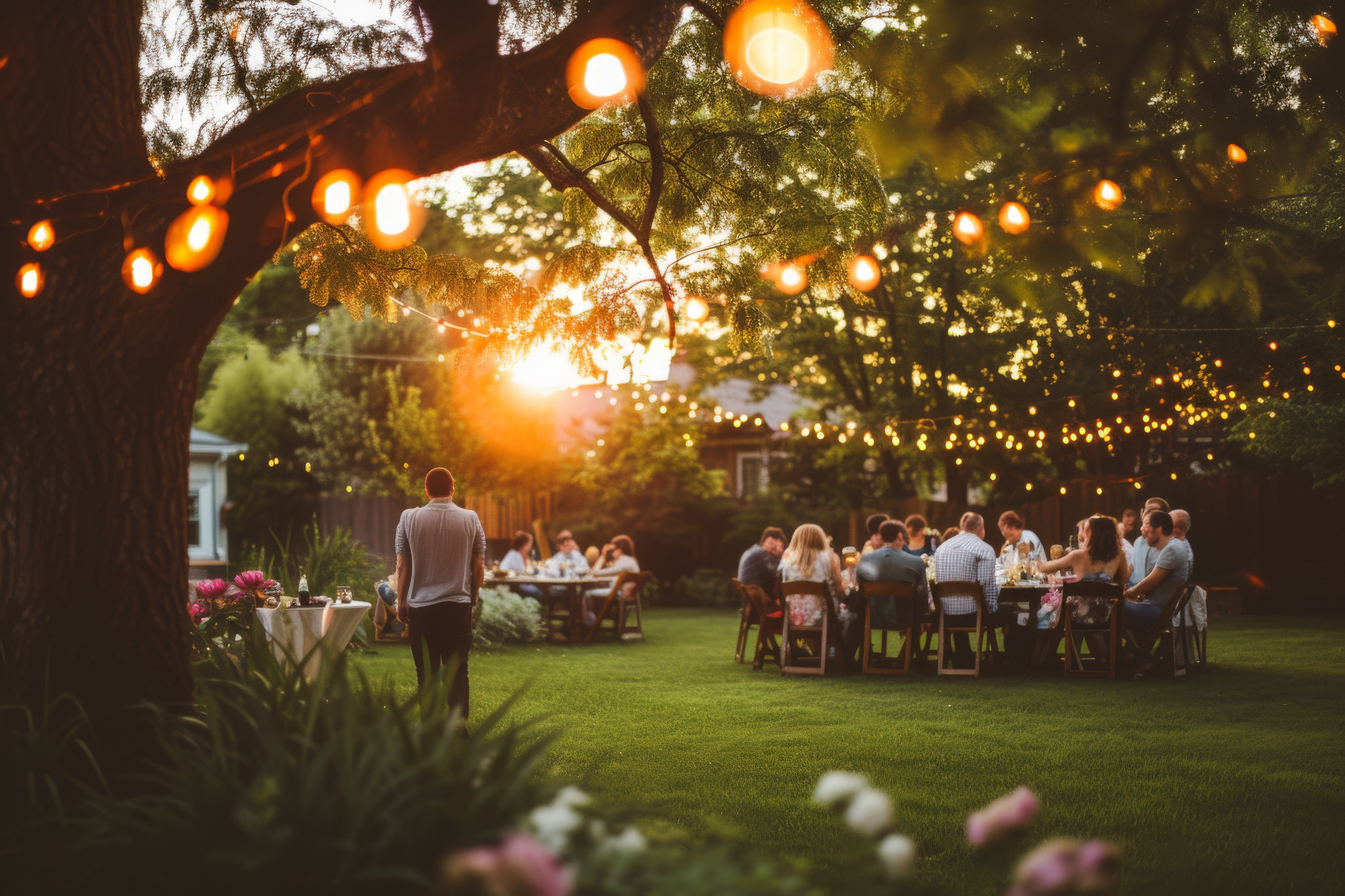 A group of people sit at tables enjoying an outdoor gathering at sunset, surrounded by trees and glowing string lights in a green garden. One person walks toward the group, and flowers bloom in the foreground.