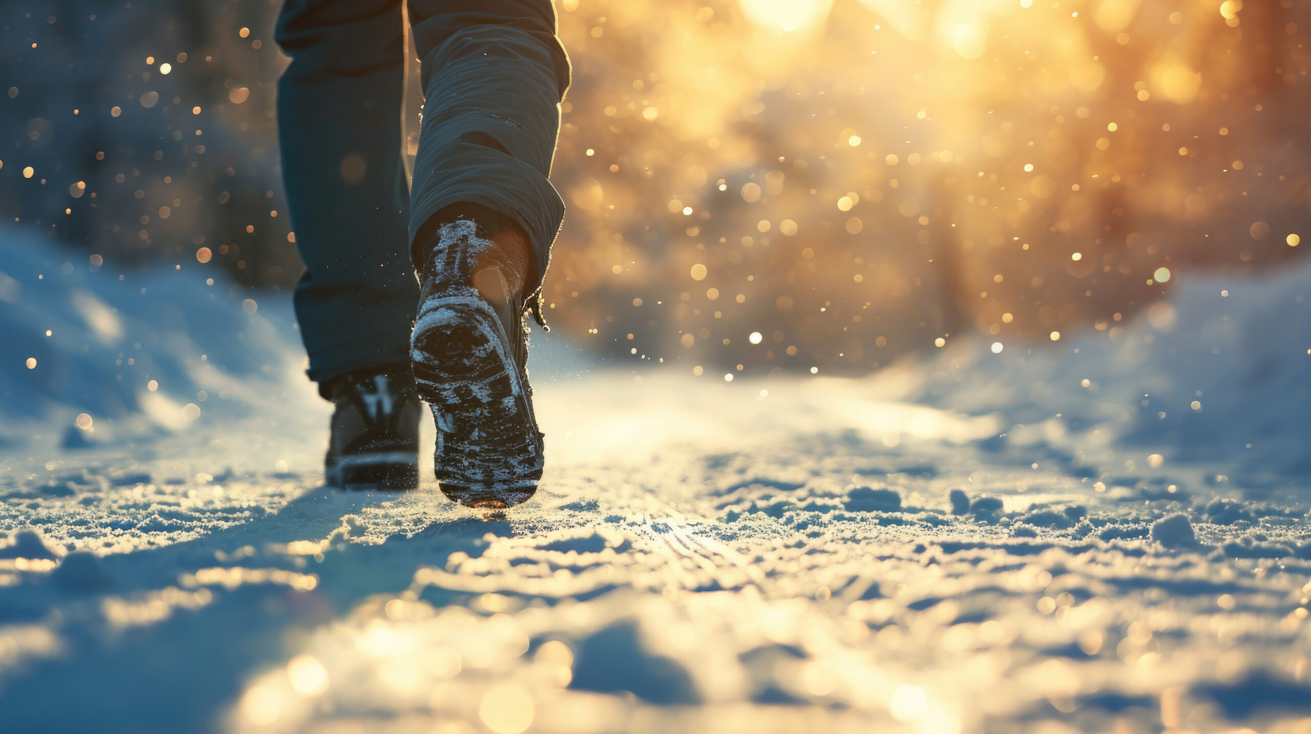 A person wearing boots walks on a snowy path in a winter landscape, with sunlight filtering through trees and snowflakes gently falling around them. The scene is warm and serene.