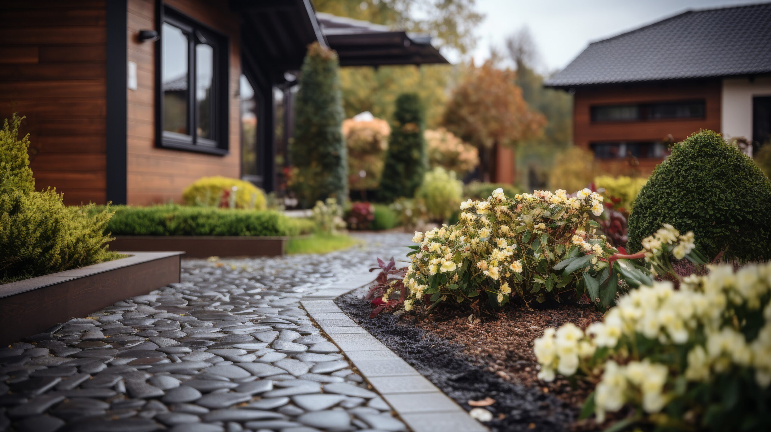 A cobblestone pathway curves beside raised flower beds with blooming white and yellow flowers, leading to modern houses with wooden and dark-tiled exteriors, surrounded by manicured shrubs and greenery.