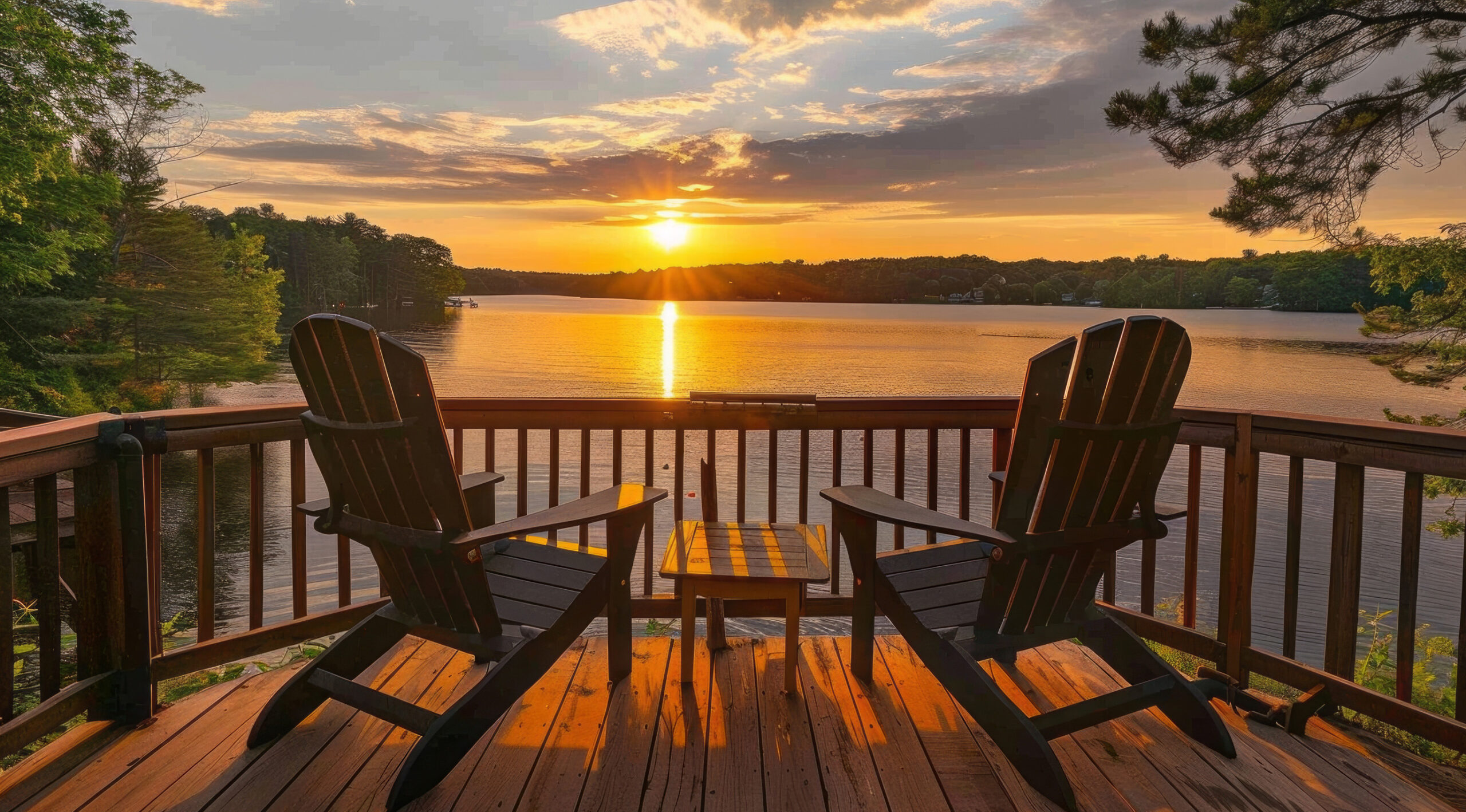 Two Adirondack chairs and a small table sit on a wooden deck overlooking a peaceful lake at sunset, with trees on both sides and the sun casting golden light across the water.
