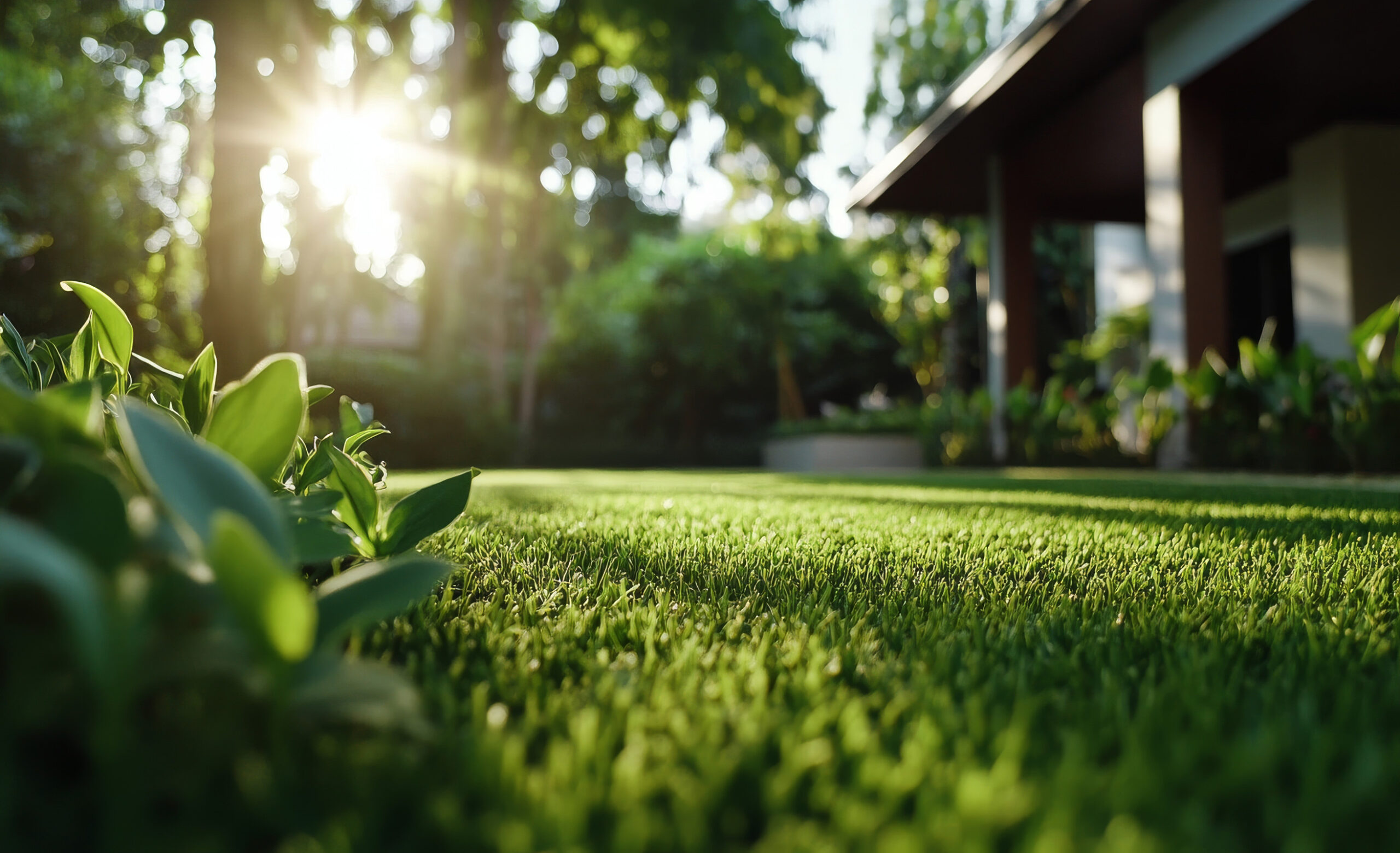 Close-up of green grass in a sunlit garden, with leafy plants in the foreground and a house with a porch in the blurry background. Sunlight filters through the trees, creating a peaceful, serene atmosphere.