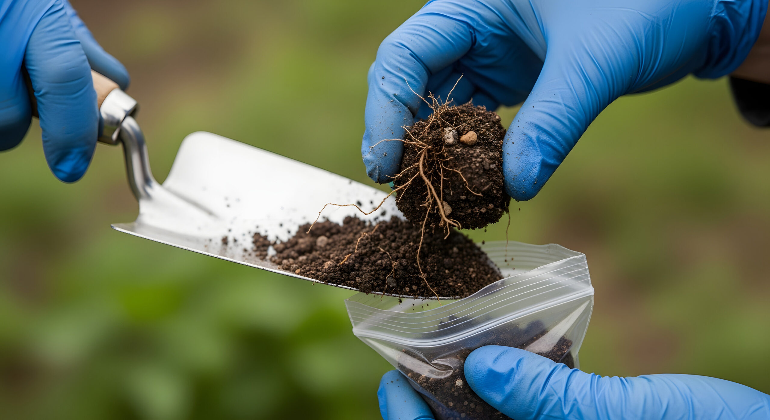 A person wearing blue gloves uses a small gardening trowel to collect soil and roots, placing them into a clear plastic ziplock bag. The background is blurred greenery.