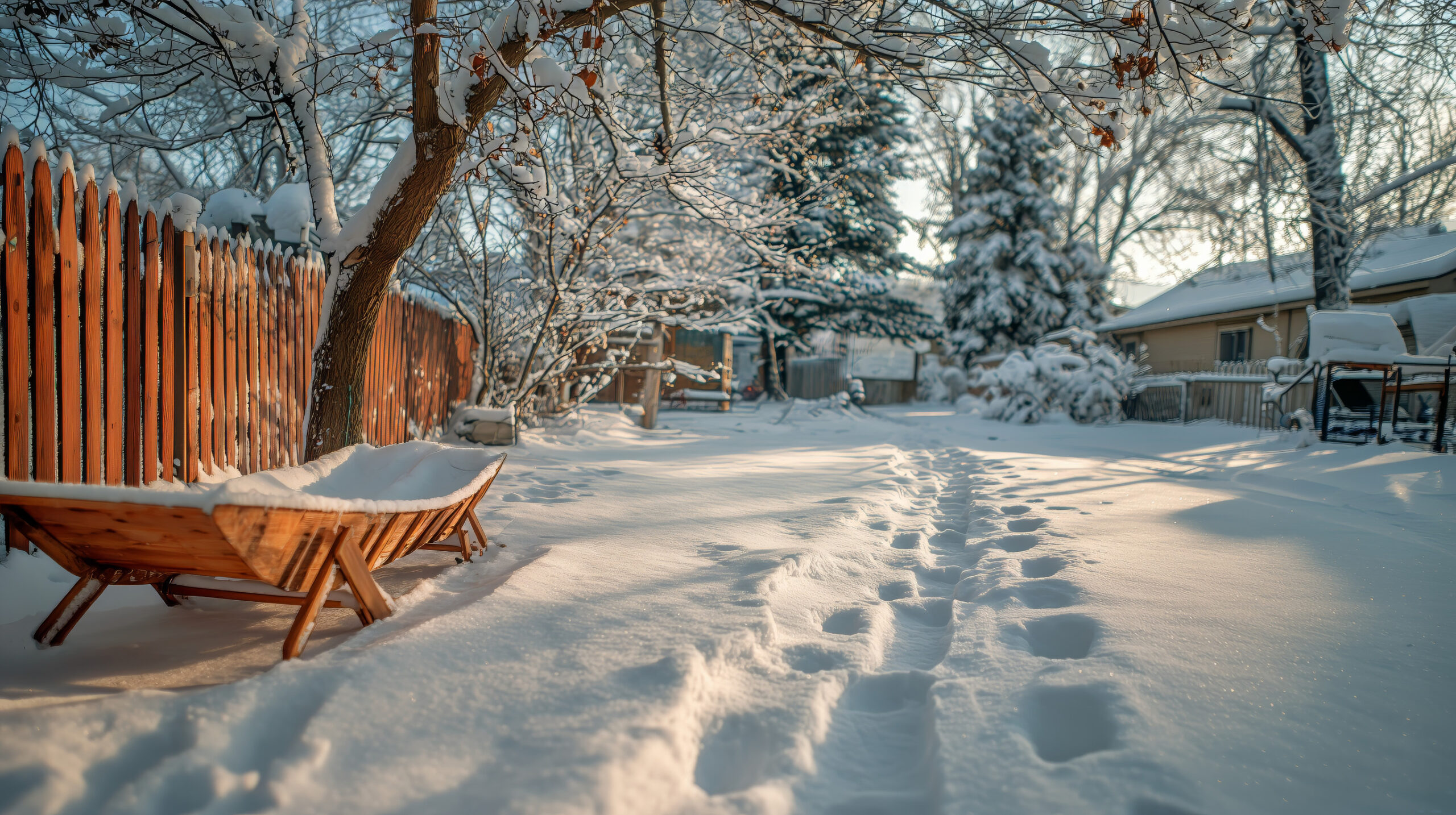 A snow-covered backyard with deep footprints leading past a wooden fence and a wheelbarrow under a tree. Sunlight filters through bare branches, casting long shadows on the fresh snow.