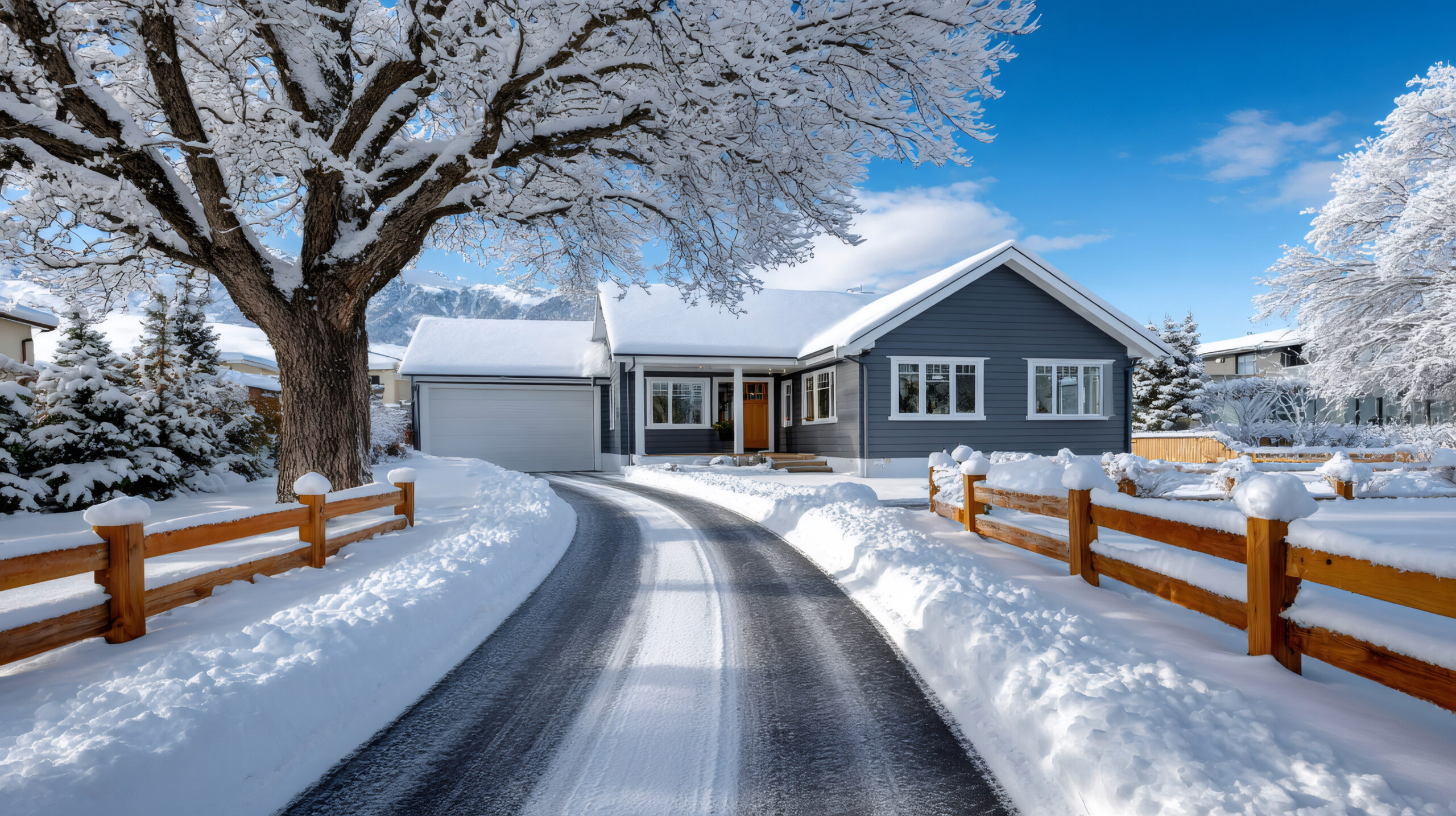 A gray house with a snow-covered roof sits behind a wooden fence. A snow-lined driveway curves to the garage. Leafless trees and shrubs are blanketed with fresh snow under a bright blue sky.