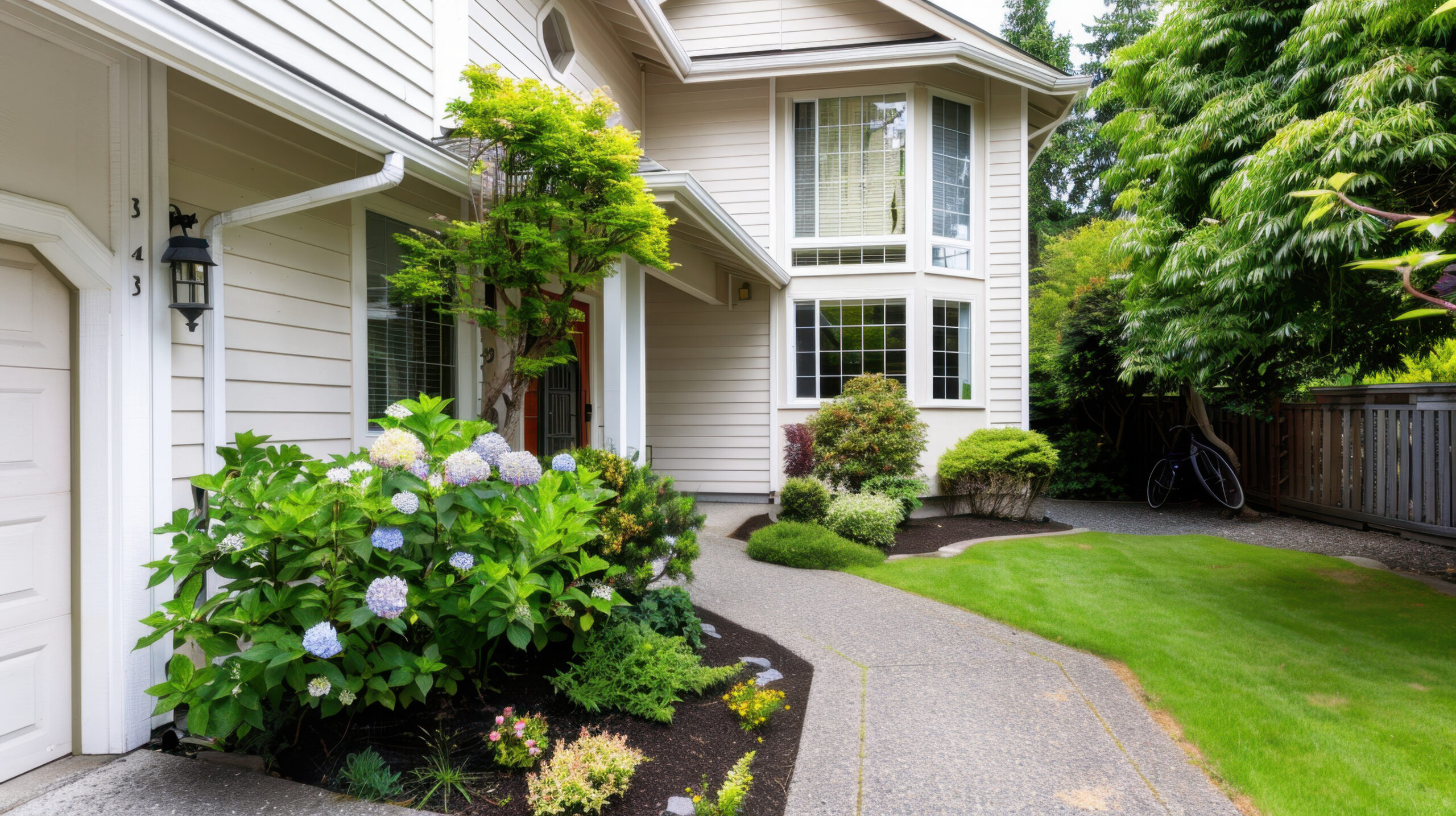A neatly landscaped front yard with green shrubs, blooming hydrangeas, and manicured bushes beside a light-colored house with large windows and a paved walkway. A bicycle leans against a wooden fence in the background.