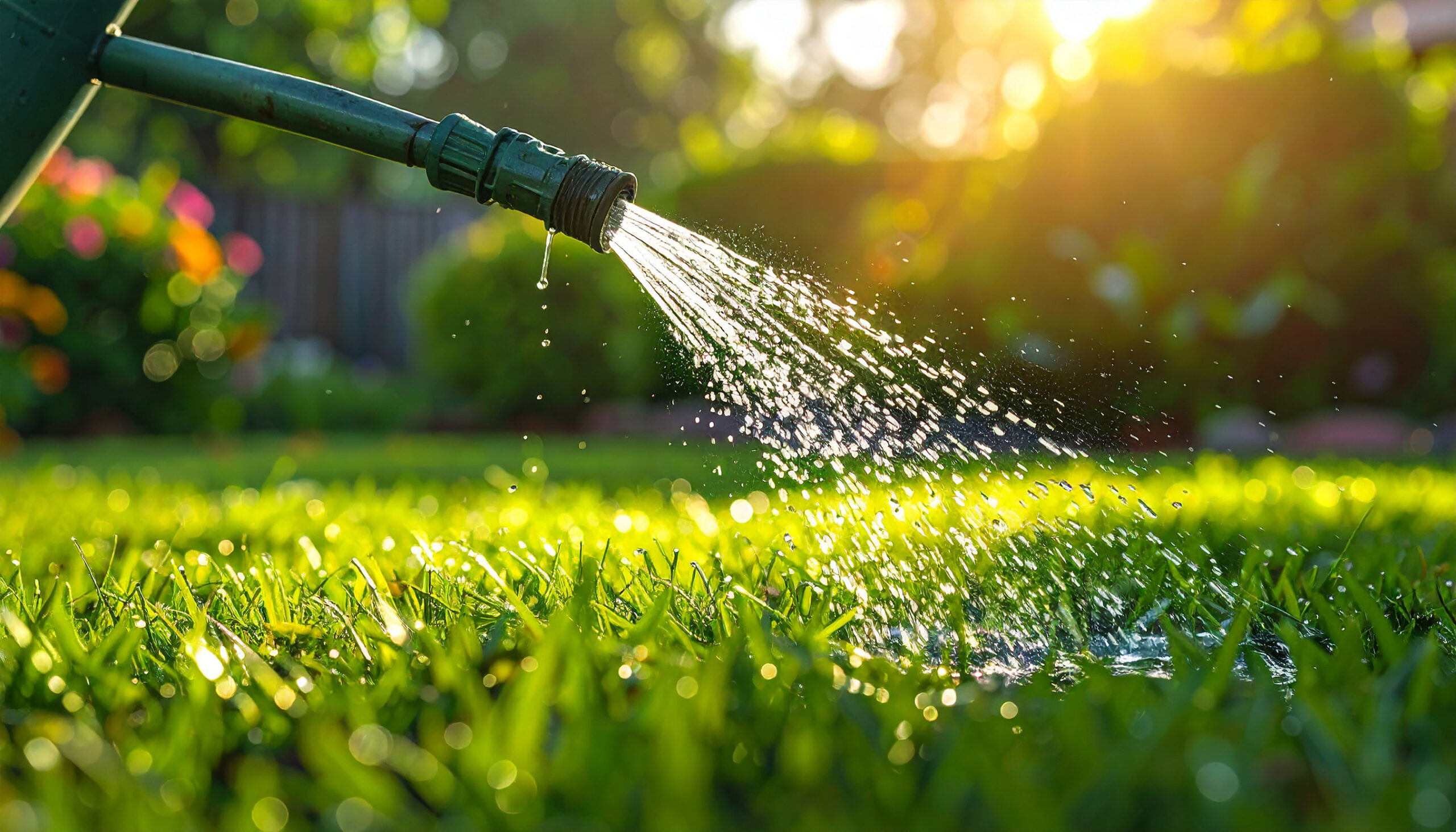 A green garden hose waters vibrant grass in a sunlit yard, with water droplets sparkling in the sunlight and colorful plants blurred in the background.