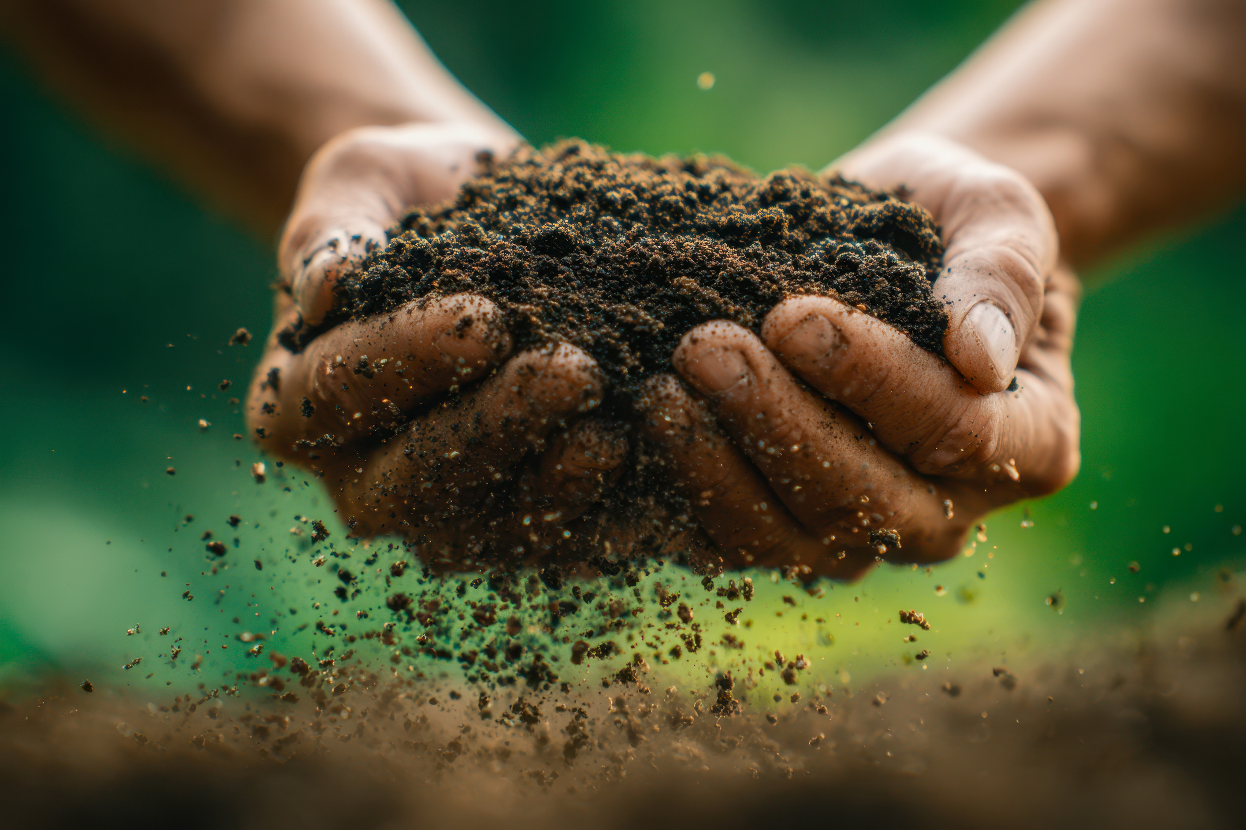Close-up of two hands holding and releasing rich, dark soil, with small particles falling down, set against a blurred green outdoor background.