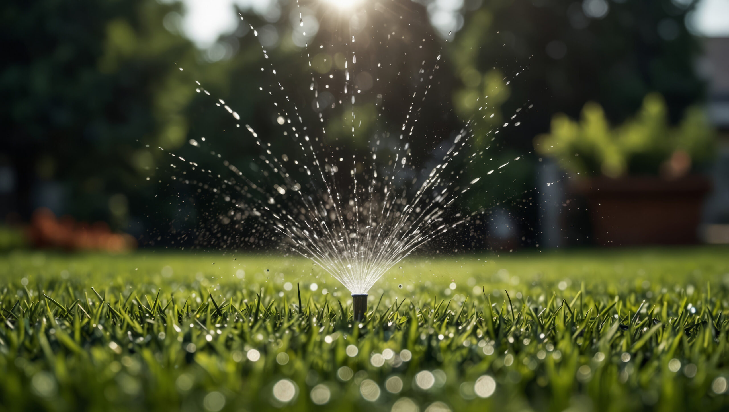 A garden sprinkler sprays water in a circular pattern over green grass, with sunlight shining through the droplets and blurred trees in the background.