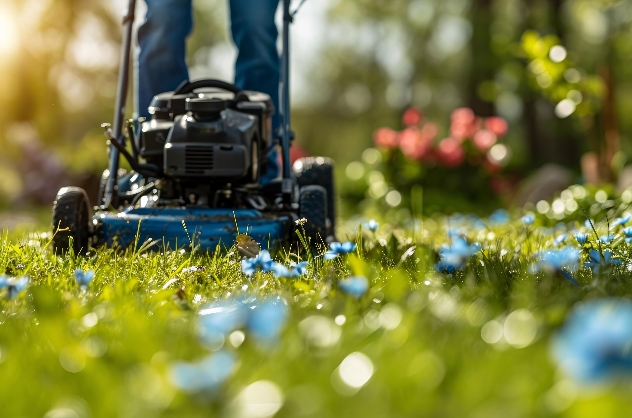 Close-up of a lawn mower cutting grass, with a person standing behind it. Blue flowers are visible in the foreground and colorful flowers blur in the background under bright sunlight.