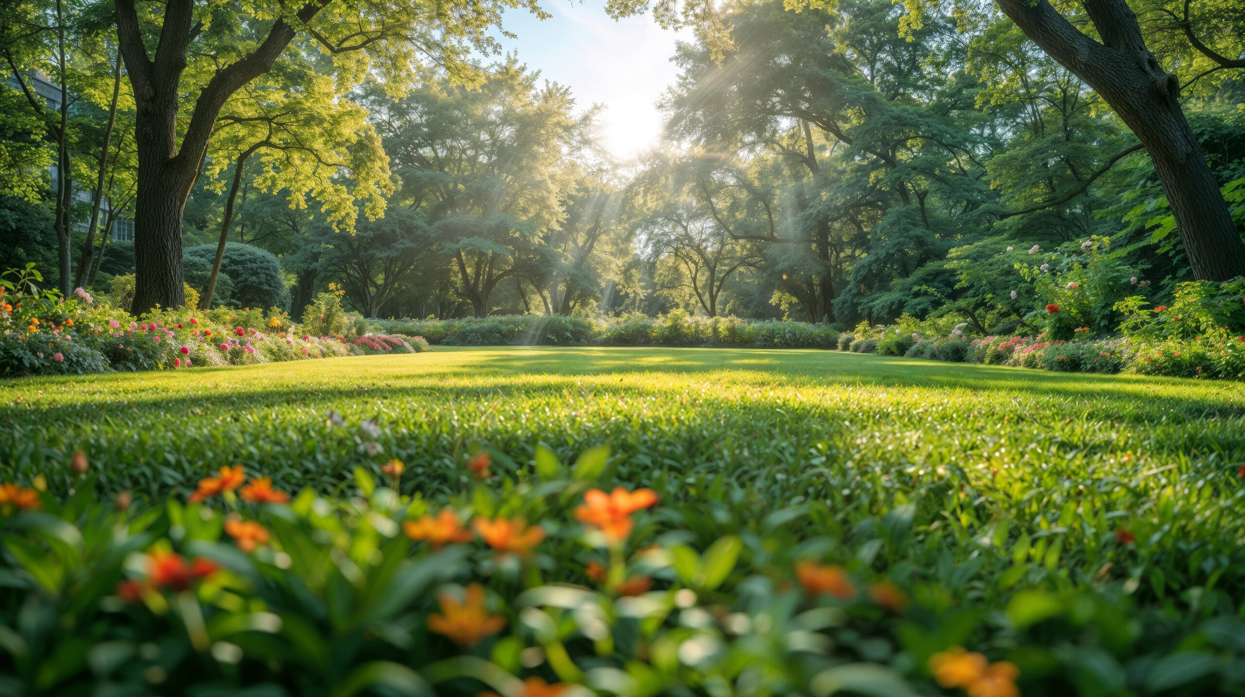 A lush garden with blooming flowers borders a neatly mowed lawn, surrounded by tall trees. Sunlight filters through the leaves, casting a warm, serene glow across the peaceful landscape.