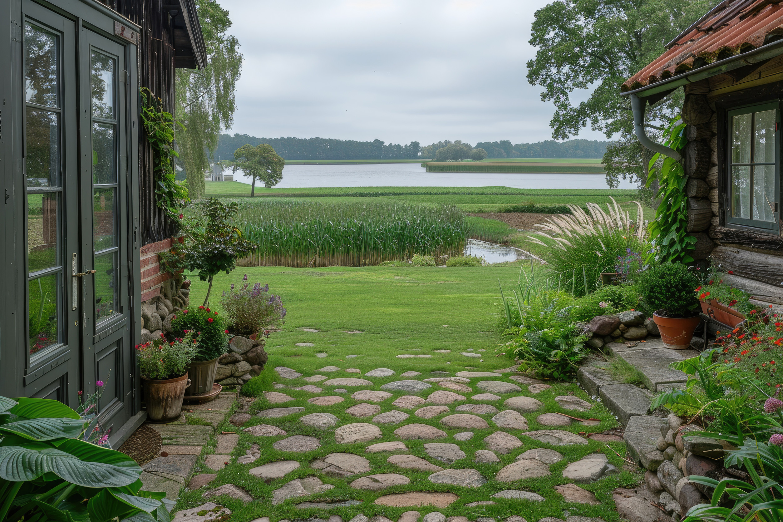 A stone path lined with lush plants leads between two rustic houses toward a grassy lawn, reeds, and a serene lake with trees along the horizon under a cloudy sky.