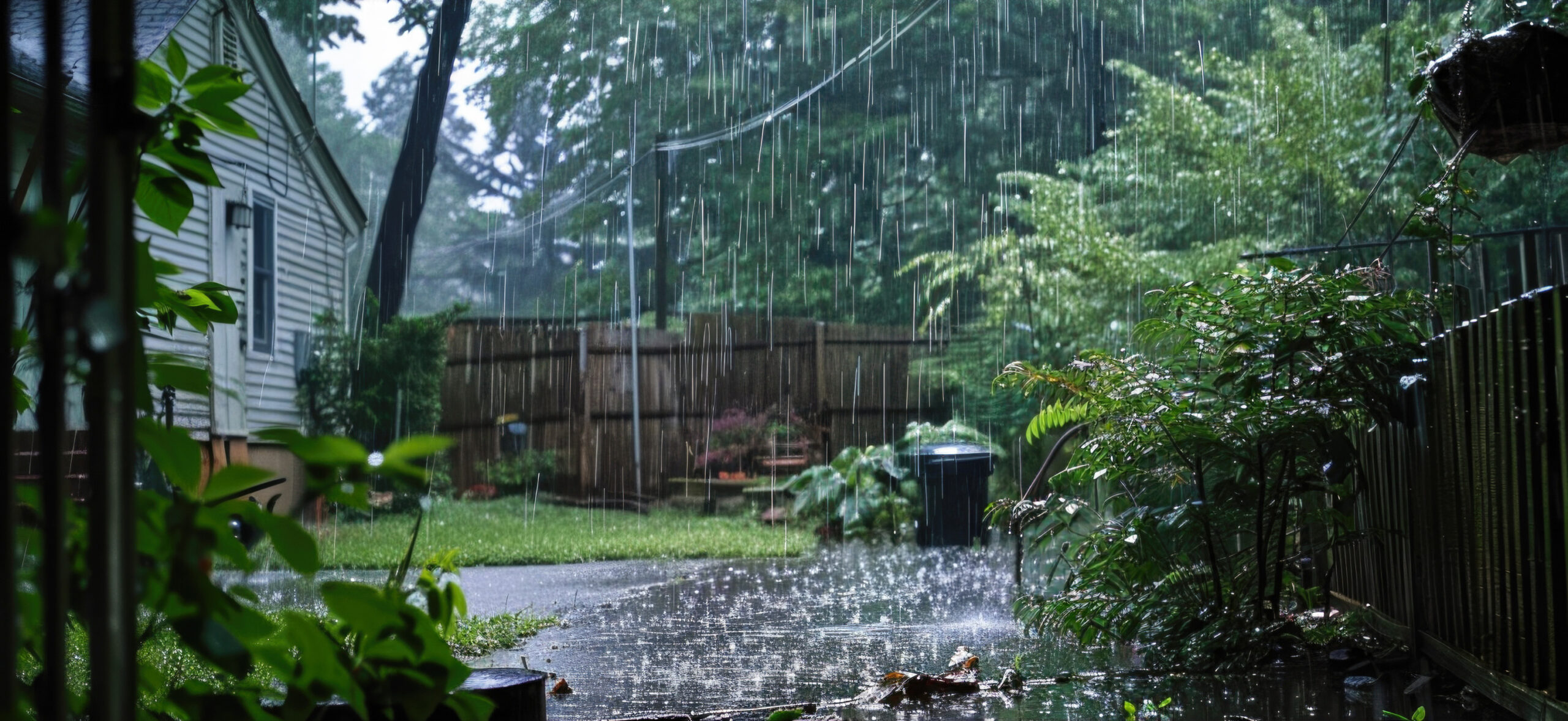 Heavy rain pours down in a backyard, splashing on the patio and pavement. Lush green plants and trees surround the area, with a wooden fence, a trash bin, and a house visible in the background.