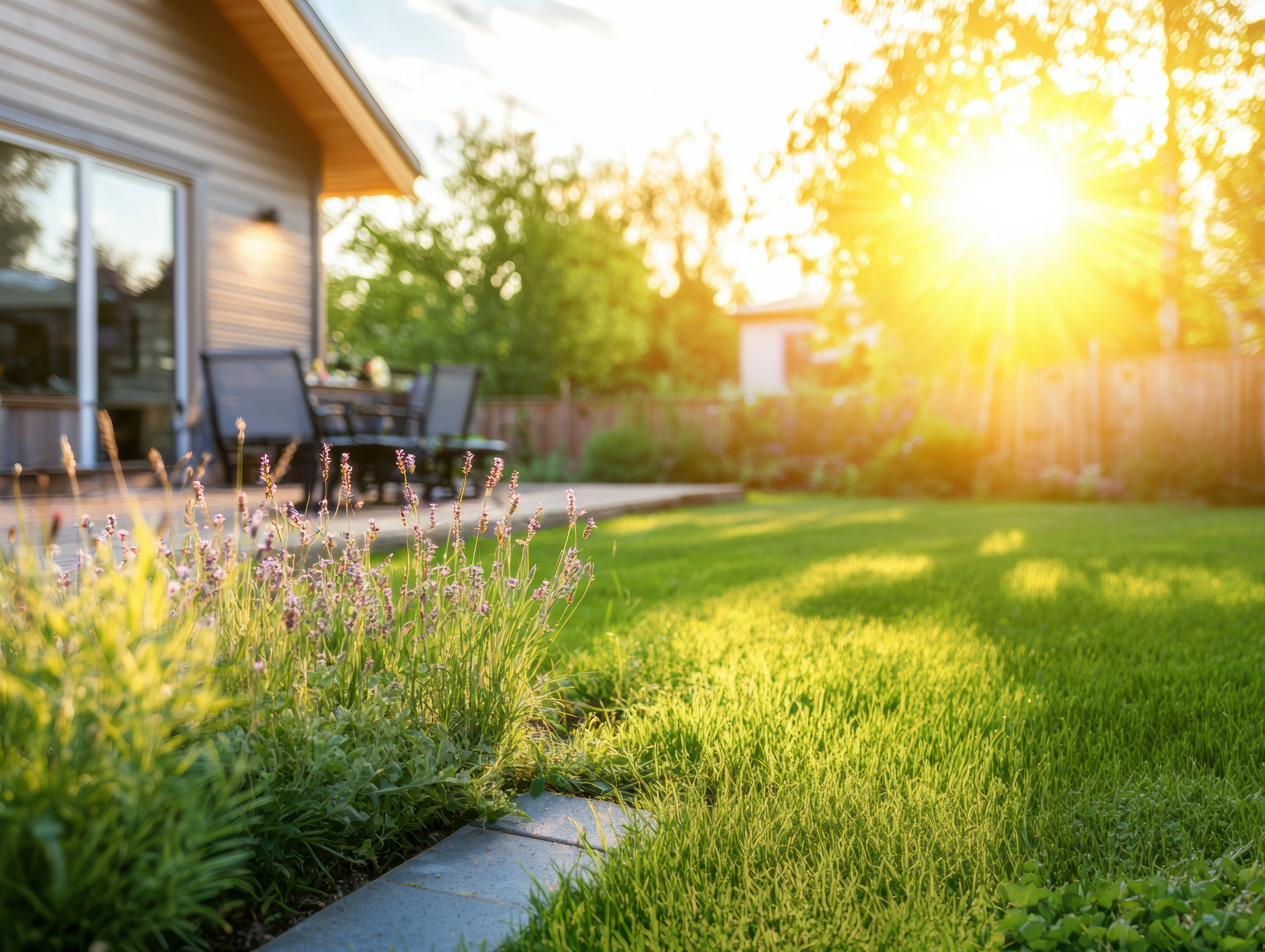 Sunlight shines on a lush green backyard with lavender flowers in the foreground, a patio with chairs, and a wooden house, creating a warm, inviting atmosphere.