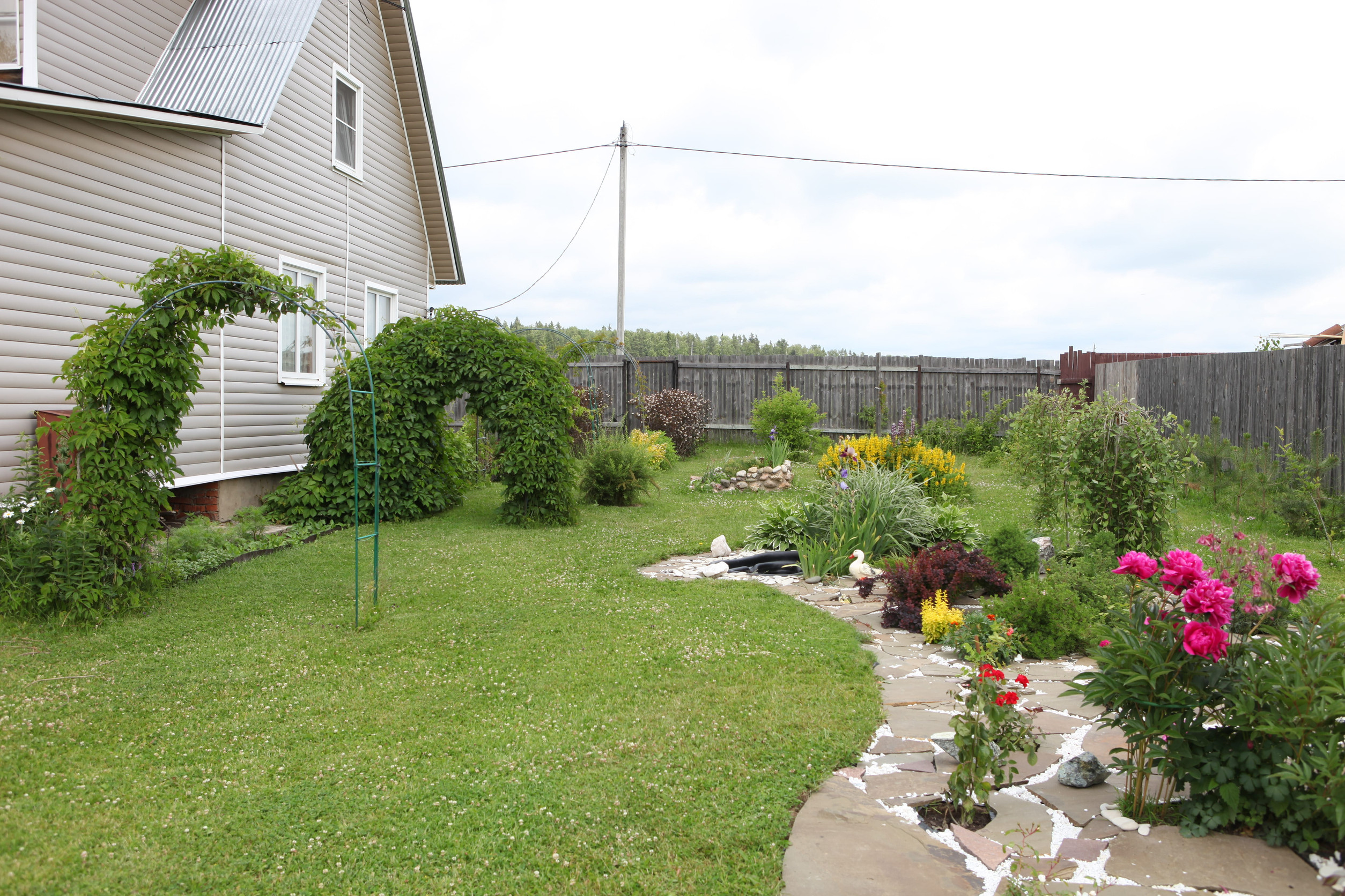 A well-maintained backyard garden with flowering plants, a small pond, stone pathway, and a house on the left. Two green vine arches stand near the house, and a wooden fence encloses the yard.